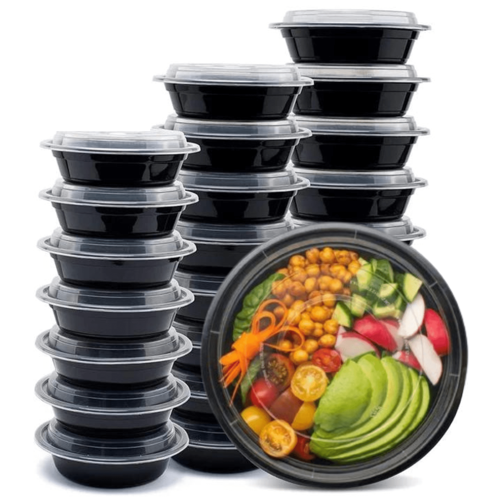 24oz Black Meal Prep/ Bento Box Disposable Round Container with Clear Lid