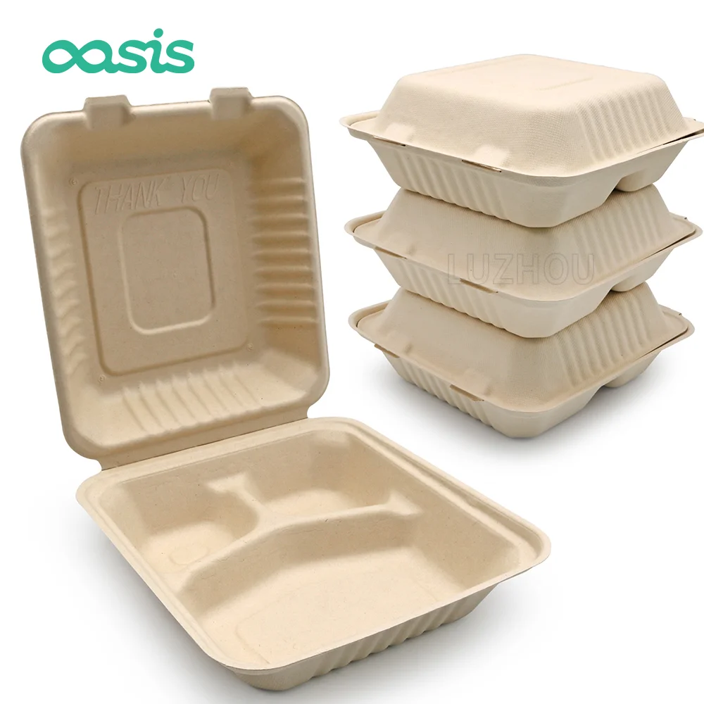 Oasis Factory Direct 1000ml 8" 3 Compartment Eco Friendly Bagasse Compostable Biodegradable Disposable Food Container Paper