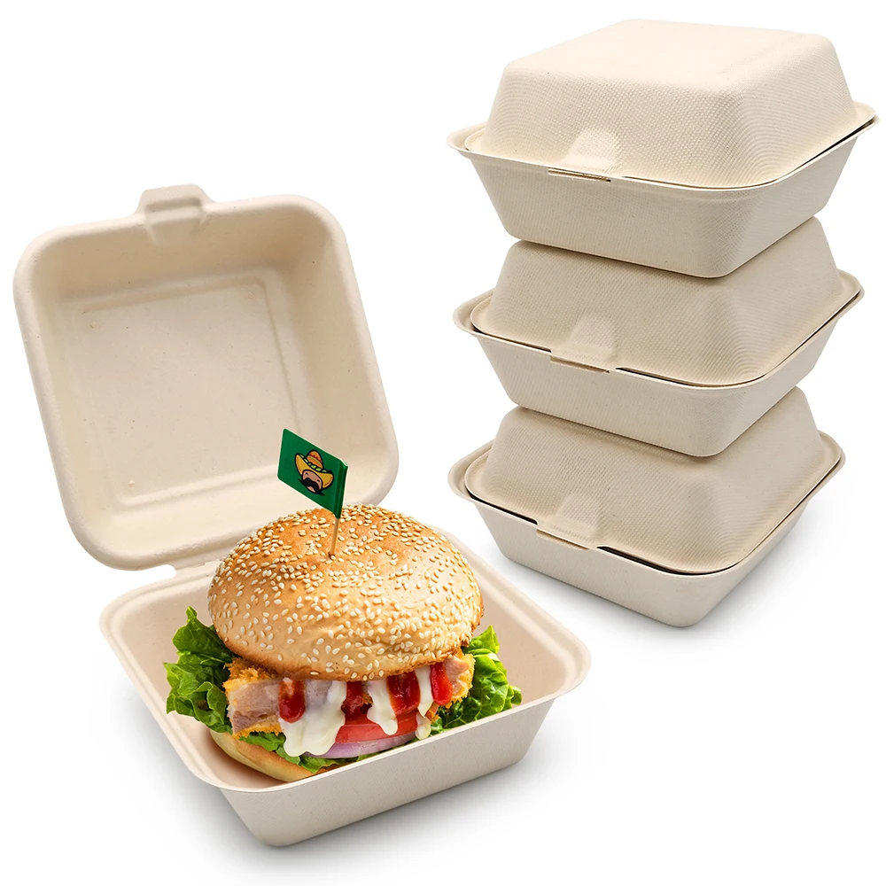 Oasis Customizable 450ml 6 Inches Freezer & Microwave Safe Biodegradable Paper Sugarcane Bagasse Burger Box Packaging - Image 6