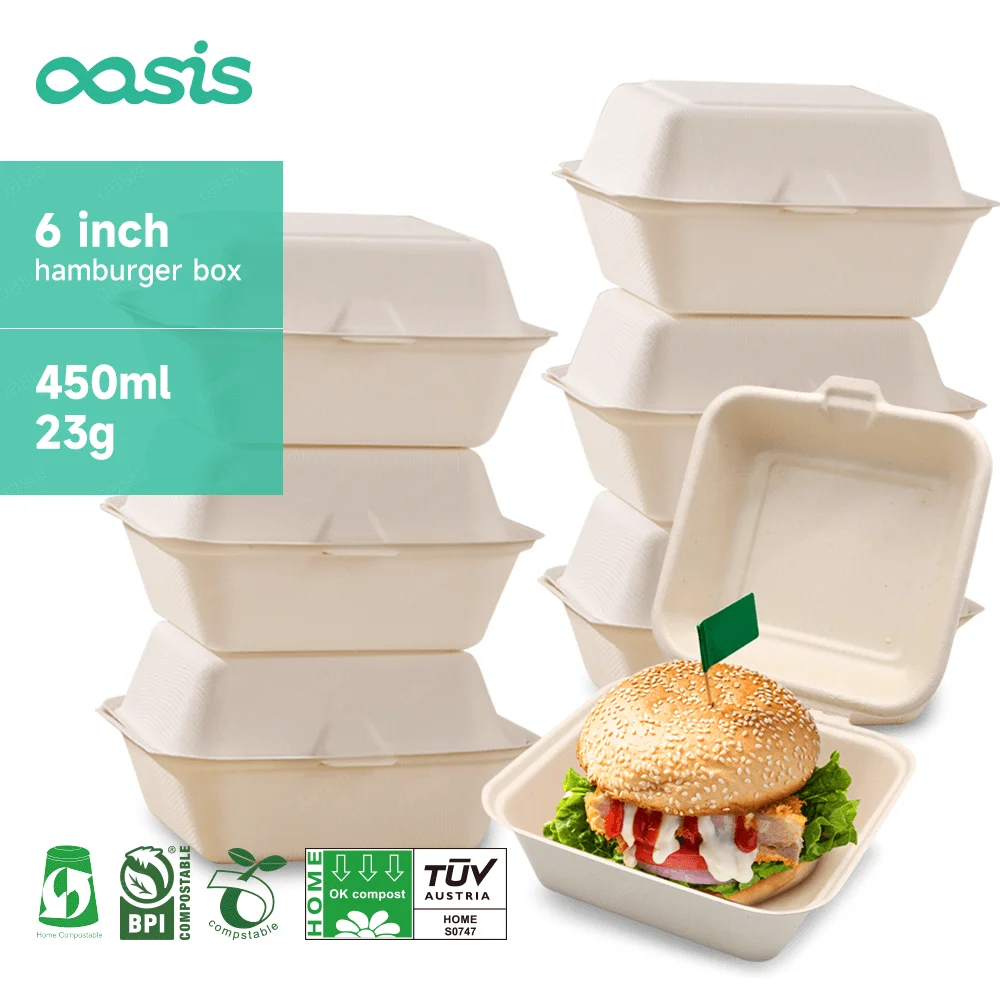 Oasis Customizable 450ml 6 Inches Freezer & Microwave Safe Biodegradable Paper Sugarcane Bagasse Burger Box Packaging