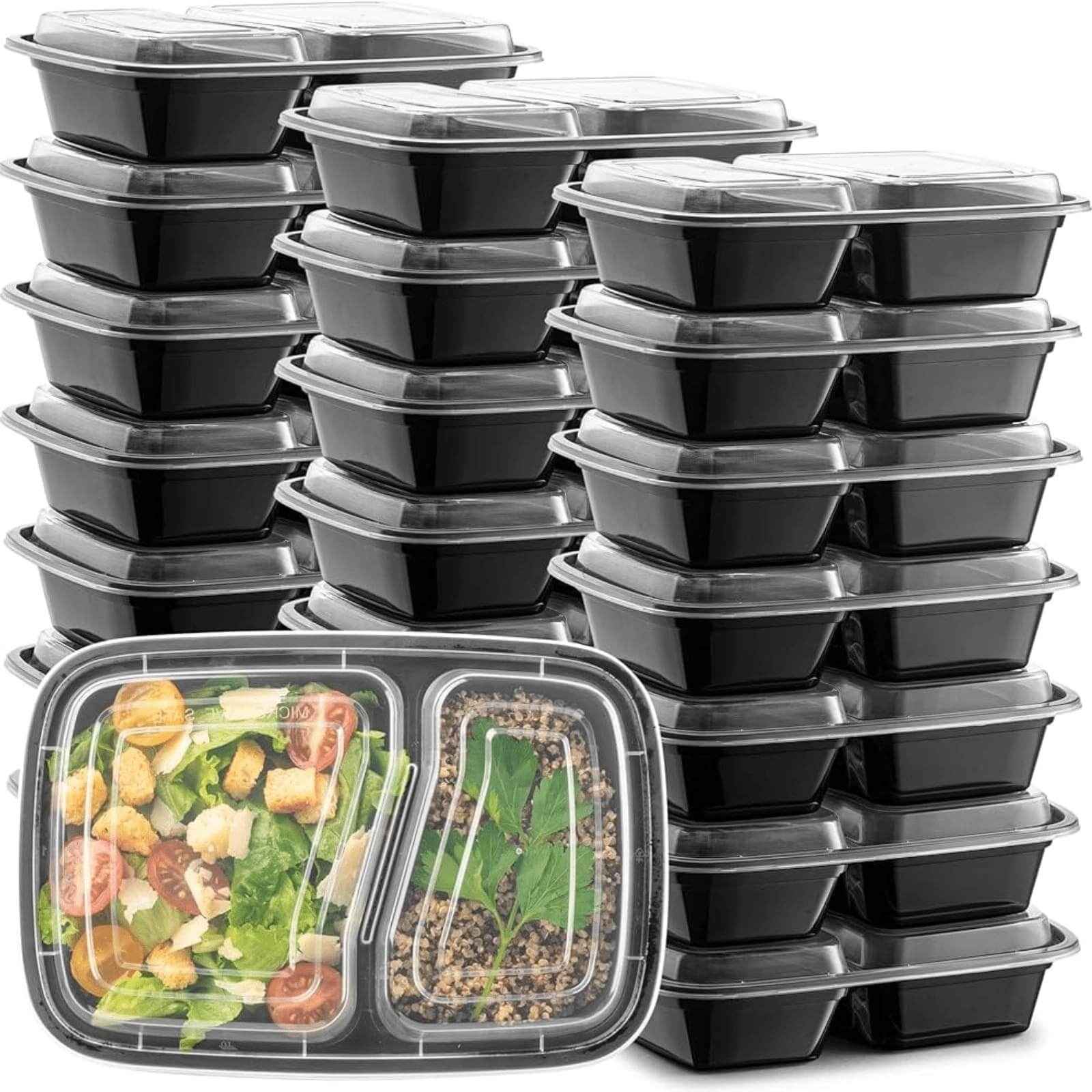 30oz Black Rectangular 2 Section MealPrep Containers With Clear Lids