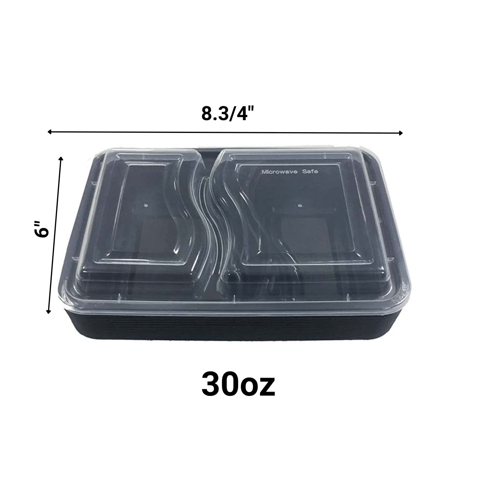 30oz Black Rectangular 2 Section MealPrep Containers With Clear Lids - Image 2